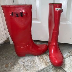 Tall red hunter rain boots